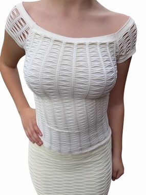 Bebe 2 Piece Knit Set Top & Midi Skirt Cream Ivory Bodycon Textured Small NWOT